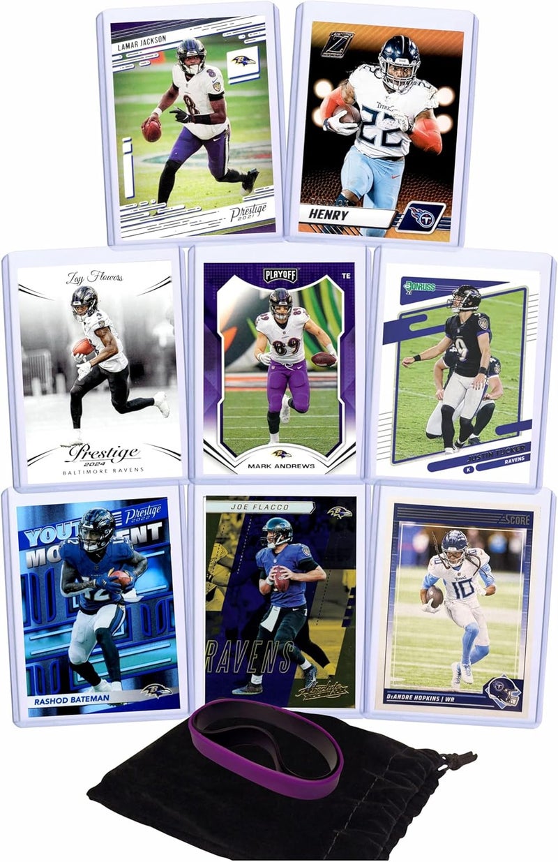 Chaser Baltimore Ravens Cards: Lamar Jackson, Derrick Henry, Zay Flowers, Mark Andrews, Justin Tucker, Rashod Bateman, DeAndre Hopkins, Joe Flacco ASSORTED Football Stars & GOATs Trading Card & Wristbands Gift Pack - Image 1
